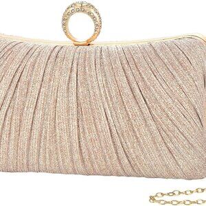Womens Golden Glitter Clutch Purse Pleated Evening Bag for Bridal Wedding Party